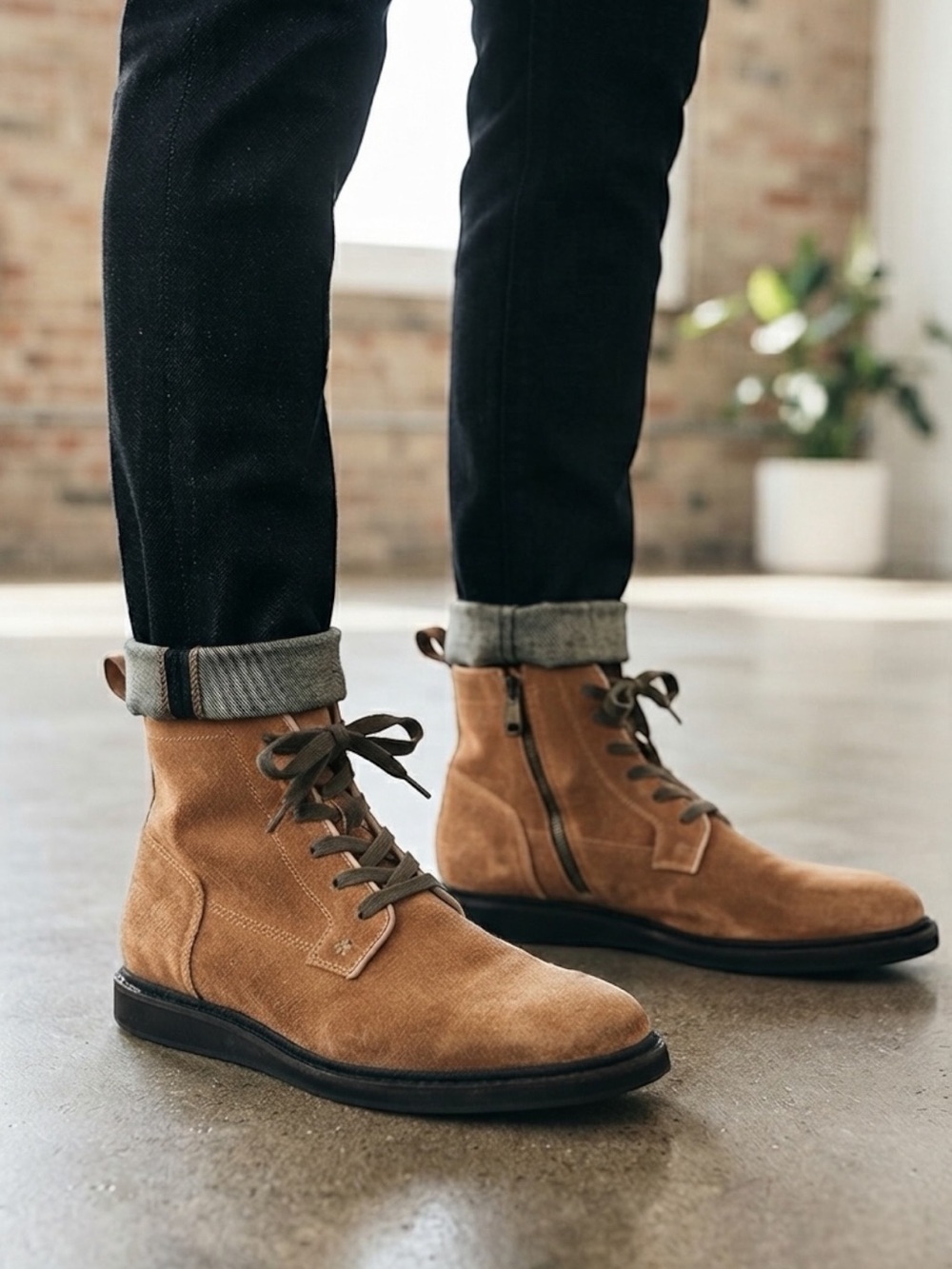 John Varvatos Star USA Brown Suede Dual Zip & Lace Combat Boots Sz 9.5